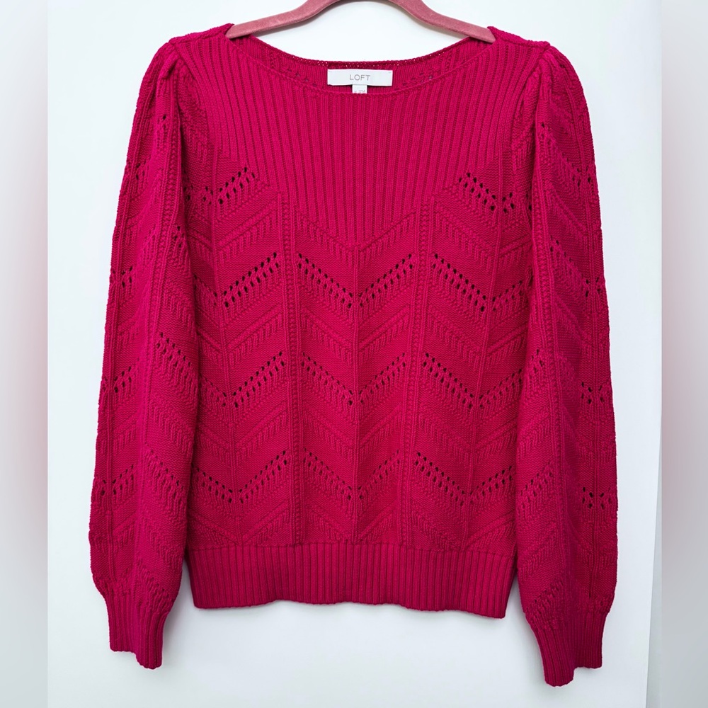 EUC LOFT Pointelle Knit Boat Neck Sweater Fuchsia Pink Women’s Size M